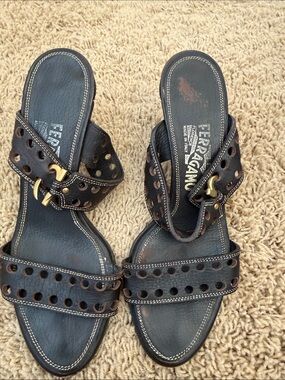 Salvatore Ferragamo Brown Leather Perforated Slide Sandals with Gold Hardware